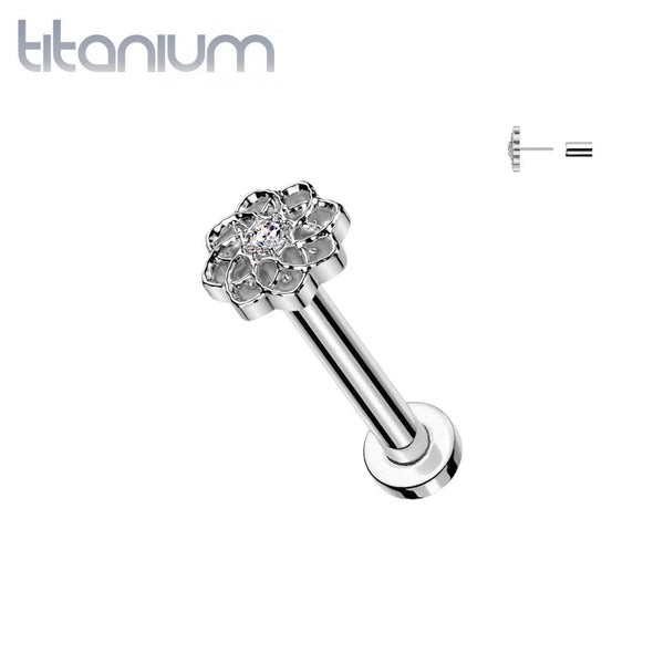 Implant Grade Titanium White CZ Large Cut Out Flower Threadless Push In Labret With Flat Back