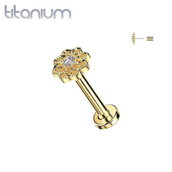 Implant Grade Titanium Gold PVD White CZ Large Cut Out Flower Threadless Push In Labret With Flat Back