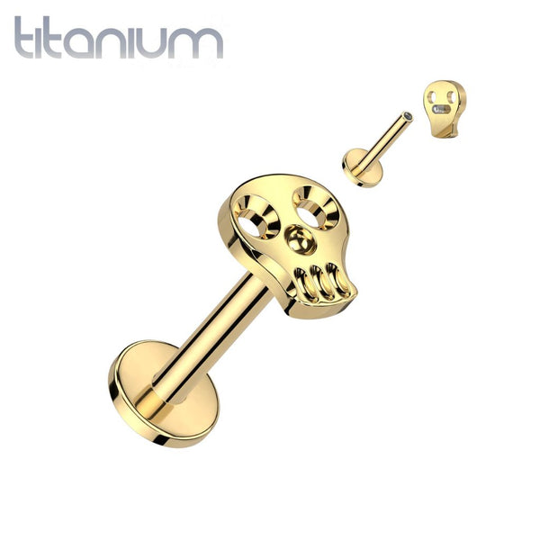 Implant Grade Titanium Gold PVD Skull Internally Threaded Flat Back Labret - Pierced Universe