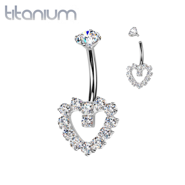 Implant Grade Titanium White CZ Gem Heart Internally Threaded Belly Ring