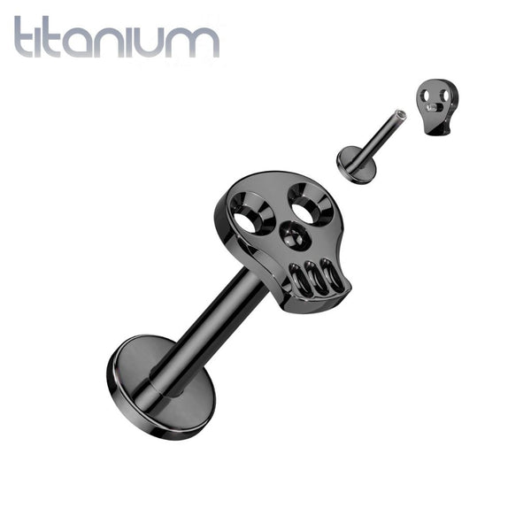 Implant Grade Titanium Black PVD Skull Internally Threaded Flat Back Labret - Pierced Universe