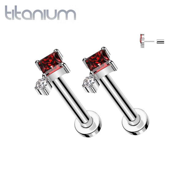 Pair of Implant Grade Titanium Red CZ Square & Circle Gem Cluster Push In Threadless Earring Studs Flat Back