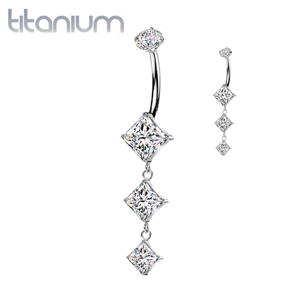 Implant Grade Titanium White CZ Diamond Shape Dangly Belly Ring