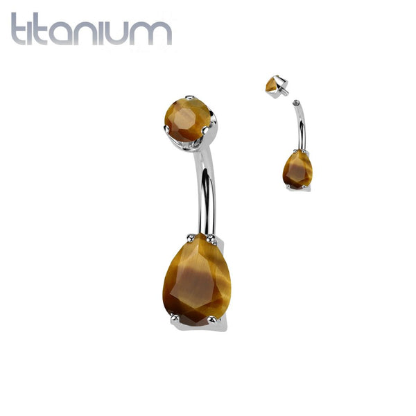 Implant Grade Titanium Tiger's Eye Stone Teardrop Internally Threaded Belly Ring - Pierced Universe