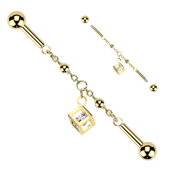 316L Surgical Steel Gold PVD White CZ Beaded Cube Dangle Flexible Industrial Barbell - Pierced Universe