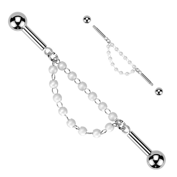 316L Surgical Steel White Pearl Chain Dangle Flexible Industrial Barbell - Pierced Universe