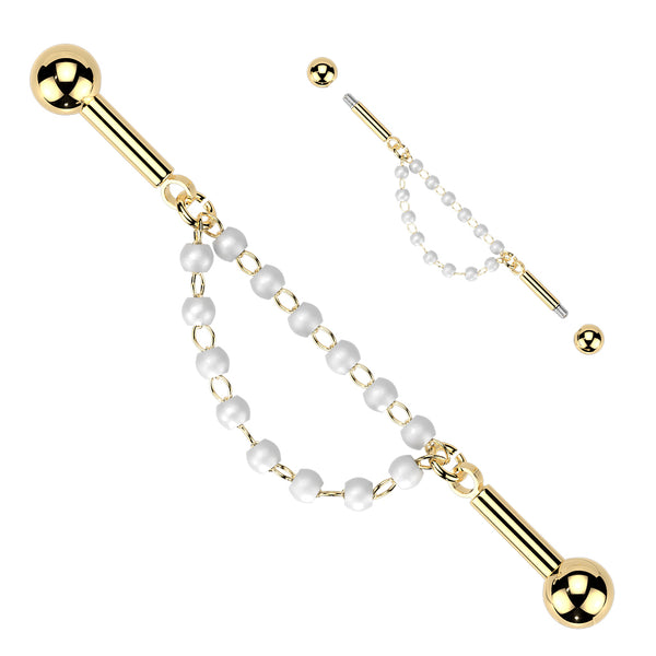 316L Surgical Steel Gold PVD White Pearl Chain Dangle Flexible Industrial Barbell - Pierced Universe