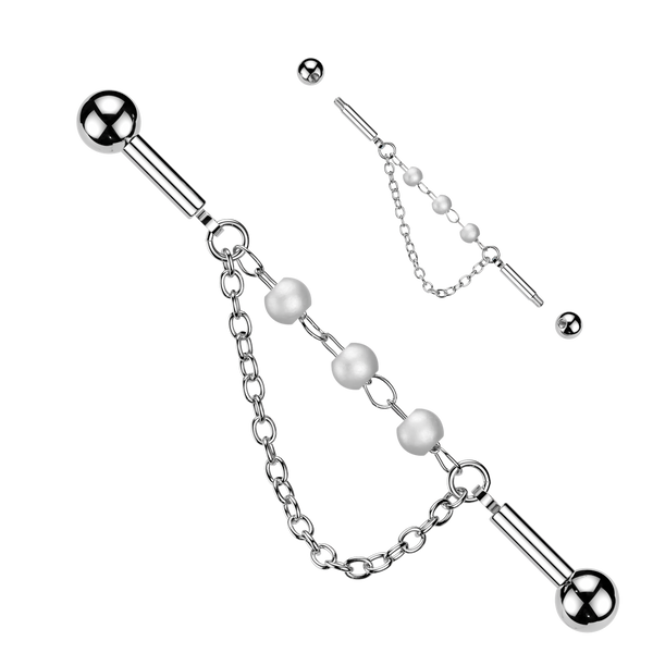 316L Surgical Steel White Pearl Double Chain Dangle Flexible Industrial Barbell