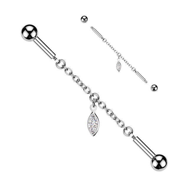 316L Surgical Steel White CZ Bezel Marquise Gem Dangle Flexible Industrial Barbell
