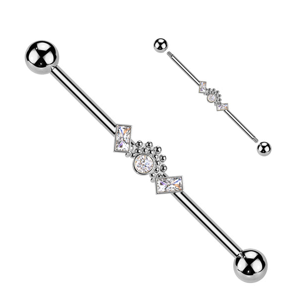 316L Surgical Steel White CZ Baguette Beaded Industrial Barbell - Pierced Universe