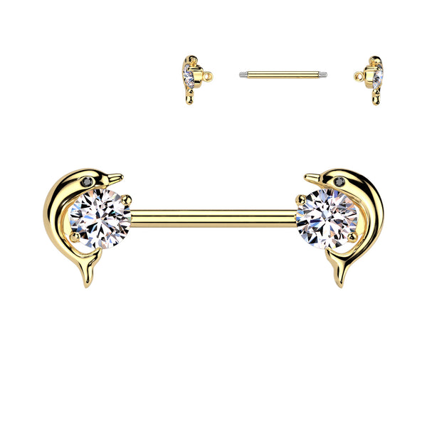 316L Surgical Steel Gold PVD White CZ Dolphin Nipple Ring Straight Barbell - Pierced Universe