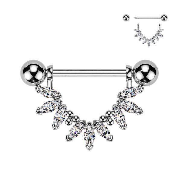 316L Surgical Steel White CZ Marquise Beaded Design Nipple Shield Straight Barbell - Pierced Universe