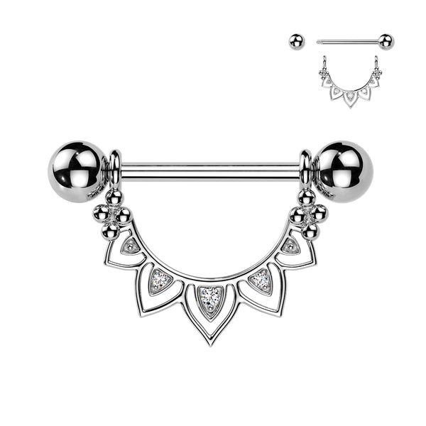 316L Surgical Steel White CZ Floral Lotus Beaded Shield Nipple Ring Straight Barbell - Pierced Universe