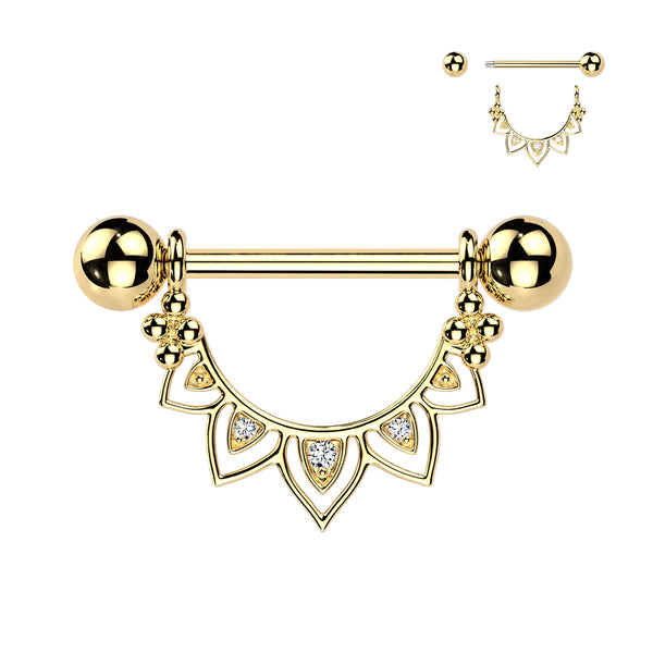 316L Surgical Steel Gold PVD White CZ Floral Lotus Beaded Shield Nipple Ring Straight Barbell - Pierced Universe