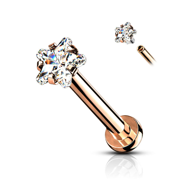 316L Surgical Steel Rose Gold PVD White CZ Star Internally Threaded Flat Back Labret - Pierced Universe