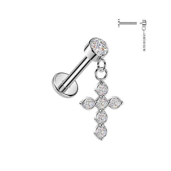 316L Surgical Steel White CZ Cross Dangle Internally Threaded Flat Back Labret - Pierced Universe