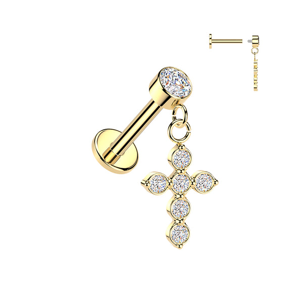 316L Surgical Steel Gold PVD White CZ Cross Dangle Internally Threaded Flat Back Labret - Pierced Universe