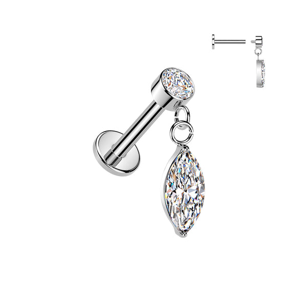 316L Surgical Steel White CZ Marquise Dangle Internally Threaded Flat Back Labret - Pierced Universe