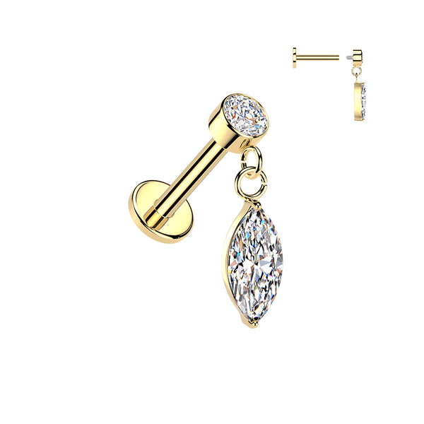 316L Surgical Steel Gold PVD White CZ Marquise Dangle Internally Threaded Flat Back Labret - Pierced Universe