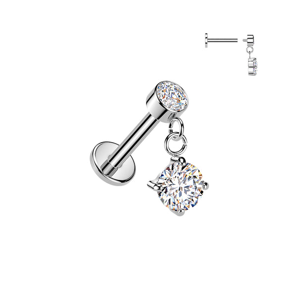 316L Surgical Steel White CZ Circle Gem Dangle Internally Threaded Flat Back Labret - Pierced Universe