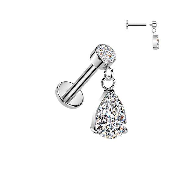 316L Surgical Steel White CZ Teardrop Dangle Internally Threaded Flat Back Labret - Pierced Universe