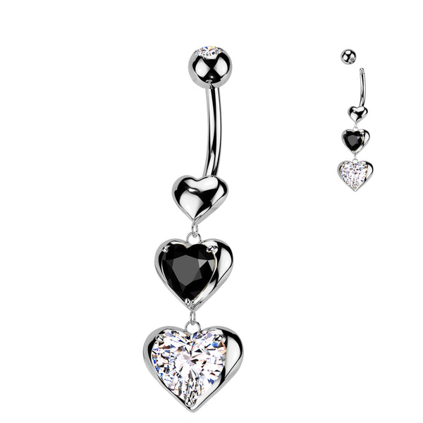 316L Surgical Steel Black & White CZ Heart Dangle Belly Ring - Pierced Universe