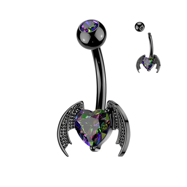 316L Surgical Steel Black PVD Vitrail Medium CZ Heart With Wings Stud Belly Ring