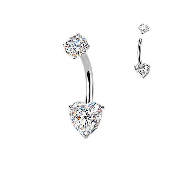 316L Surgical Steel Heart Shaped Dainty White CZ Internally Threaded Belly Ring - Pierced Universe
