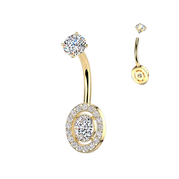 316L Surgical Steel Gold PVD White CZ Oval Pave Gem Internally Threaded Belly Ring - Pierced Universe