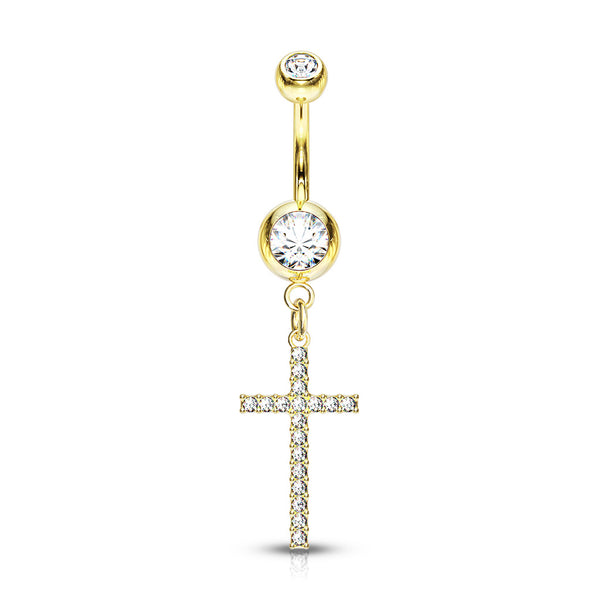 316L Surgical Steel Gold PVD White CZ Thin Cross Dangly Belly Ring - Pierced Universe