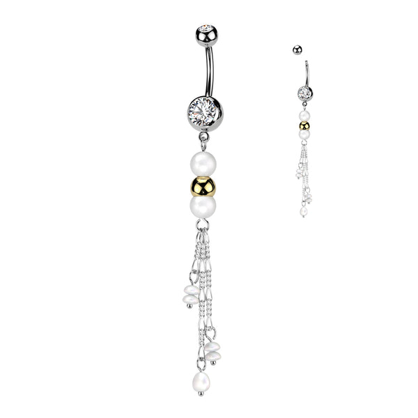 316L Surgical Steel White Pearl Gold Bead Dangly Belly Ring - Pierced Universe