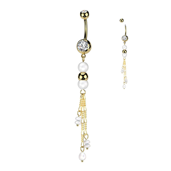 316L Surgical Steel Gold PVD White Pearl Gold Bead Dangly Belly Ring - Pierced Universe