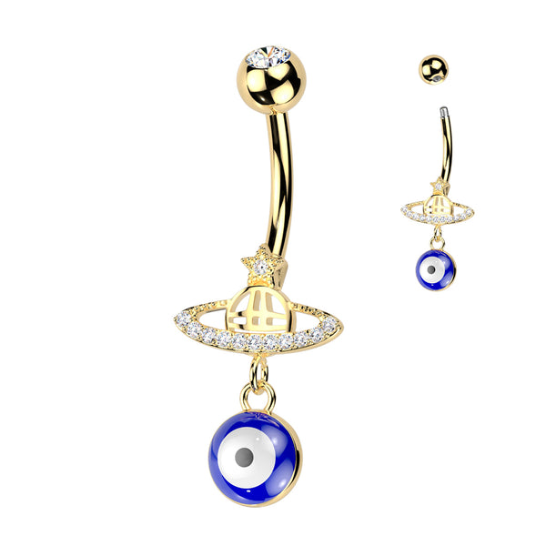 316L Surgical Steel Gold PVD Saturn Star Celestial Evil Eye Dangle Belly Ring - Pierced Universe
