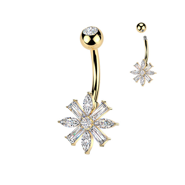 316L Surgical Steel Gold PVD White CZ Gem Flower Belly Ring - Pierced Universe