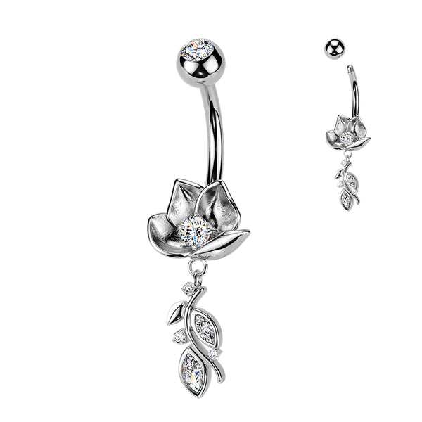 316L Surgical Steel White CZ Open Flower Leaf Dangle Belly Ring - Pierced Universe