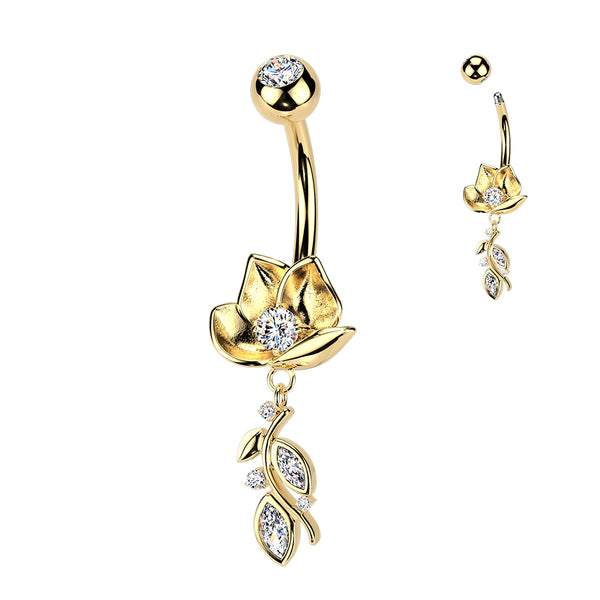 316L Surgical Steel Gold PVD White CZ Open Flower Leaf Dangle Belly Ring - Pierced Universe