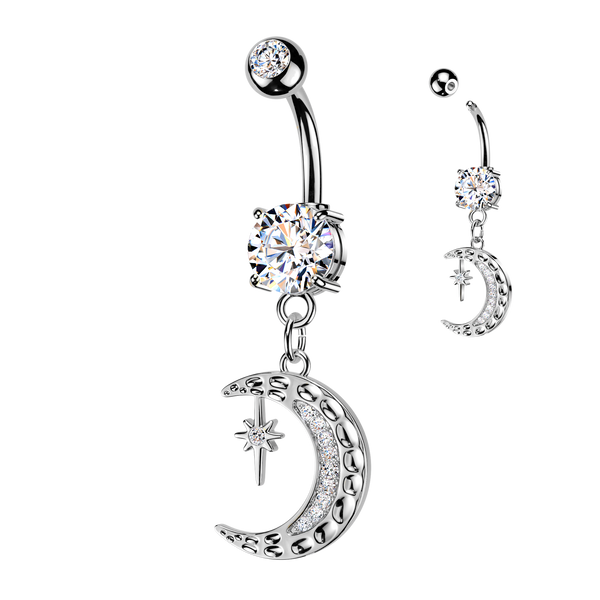 316L Surgical Steel White CZ Large Pave Moon And Star Celestial Dangle Belly Ring
