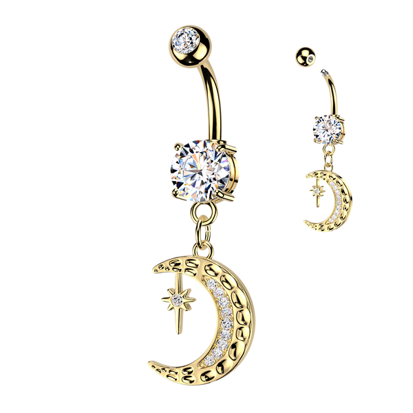 316L Surgical Steel Gold PVD White CZ Large Pave Moon And Star Celestial Dangle Belly Ring