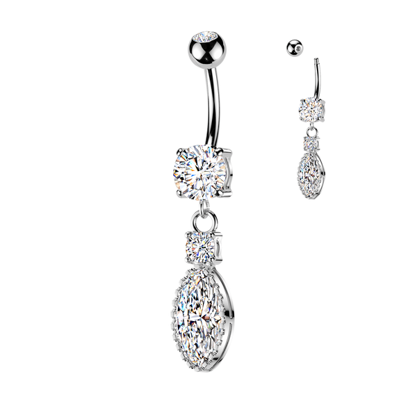 316L Surgical Steel White CZ Circle and Marquise Dangle Belly Ring - Pierced Universe