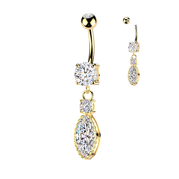 316L Surgical Steel Gold PVD White CZ Circle and Marquise Dangle Belly Ring