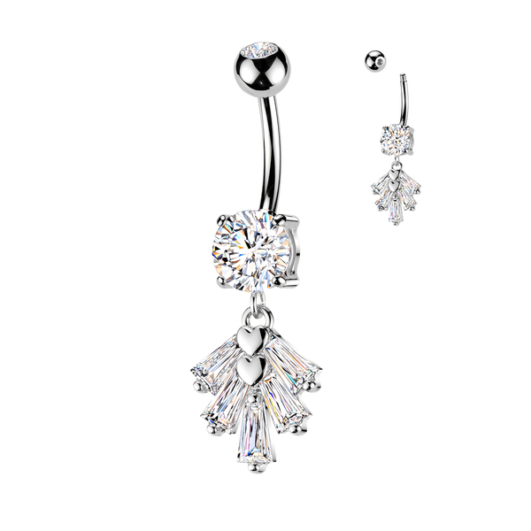 316L Surgical Steel White CZ Trapezoid Gem And Heart Dangle Belly Ring