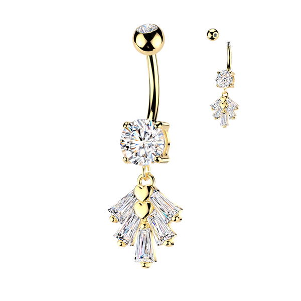 316L Surgical Steel Gold PVD White CZ Trapezoid Gem And Heart Dangle Belly Ring