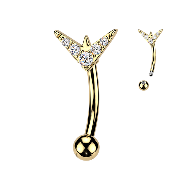 316L Surgical Steel Gold PVD White CZ V Shape Top Side Down Belly Ring