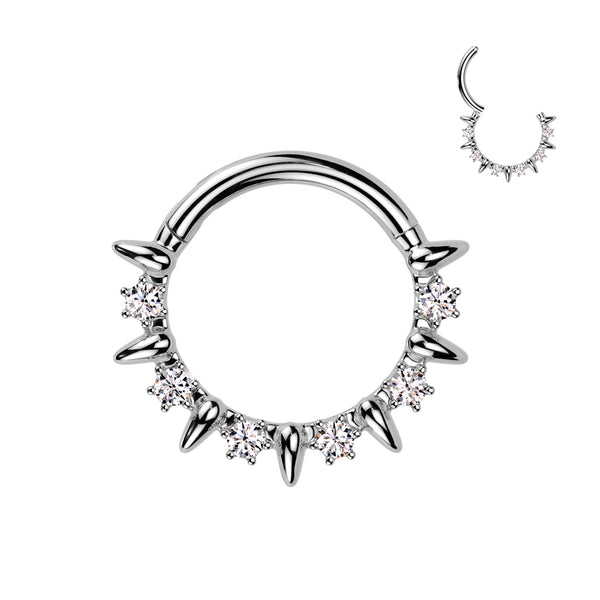 316L Surgical Steel White CZ Clawed Gem With Spike Hinged Clicker Hoop - Pierced Universe