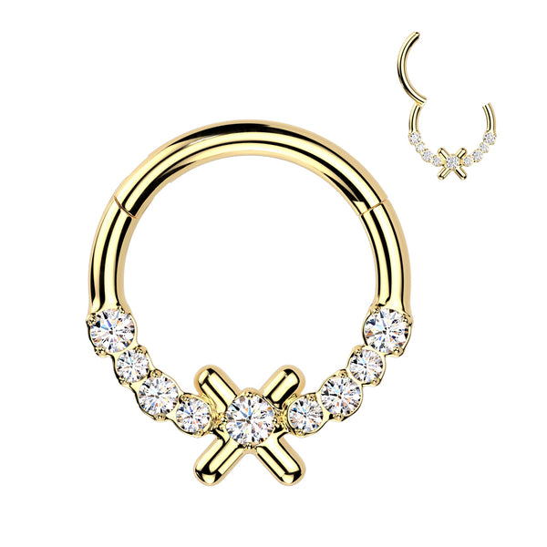 316L Surgical Steel Gold PVD White CZ Dainty X Hinged Clicker Hoop - Pierced Universe