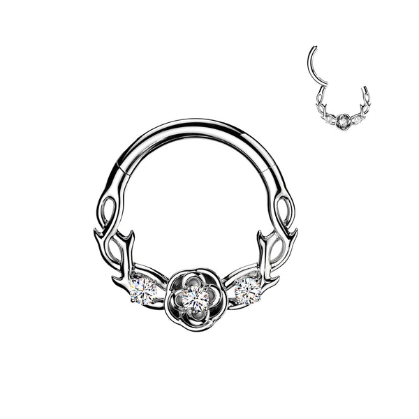 316L Surgical Steel Gold PVD White CZ Rose And Thorns Hinged Clicker Hoop - Pierced Universe