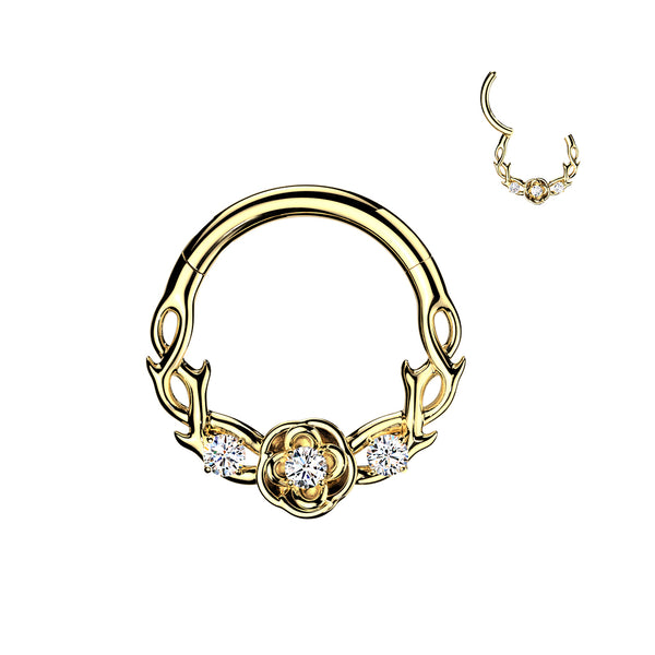 316L Surgical Steel Gold PVD White CZ Rose And Thorns Hinged Clicker Hoop - Pierced Universe