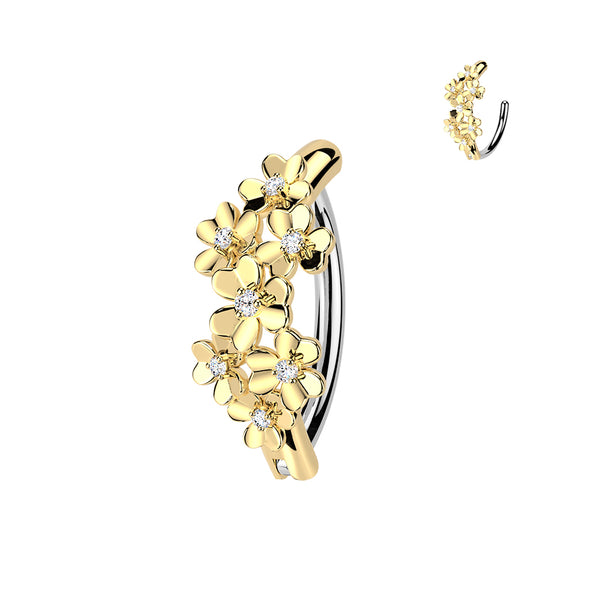 316L Surgical Steel Gold PVD White CZ Multi Flower Floral Hinged Clicker Belly Ring - Pierced Universe