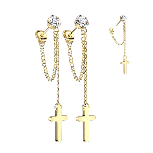 Pair of 316L Surgical Steel Gold PVD White CZ Cross Chain Dangle Earring Studs - Pierced Universe