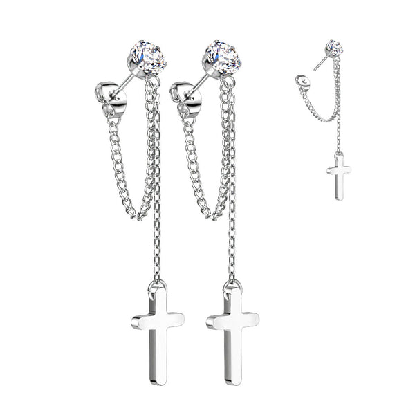 Pair of 316L Surgical Steel White CZ Cross Chain Dangle Earring Studs - Pierced Universe